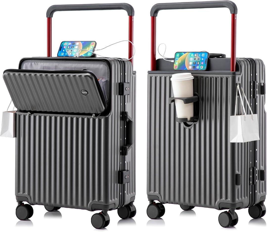20 Inch Carry On Luggage with Spinner Wheels,Aluminum Frame PC Hard Shell Suitcase with USB Port,Lightweight Travel Luggage Airline Approved for Men Women (Iron Gray)