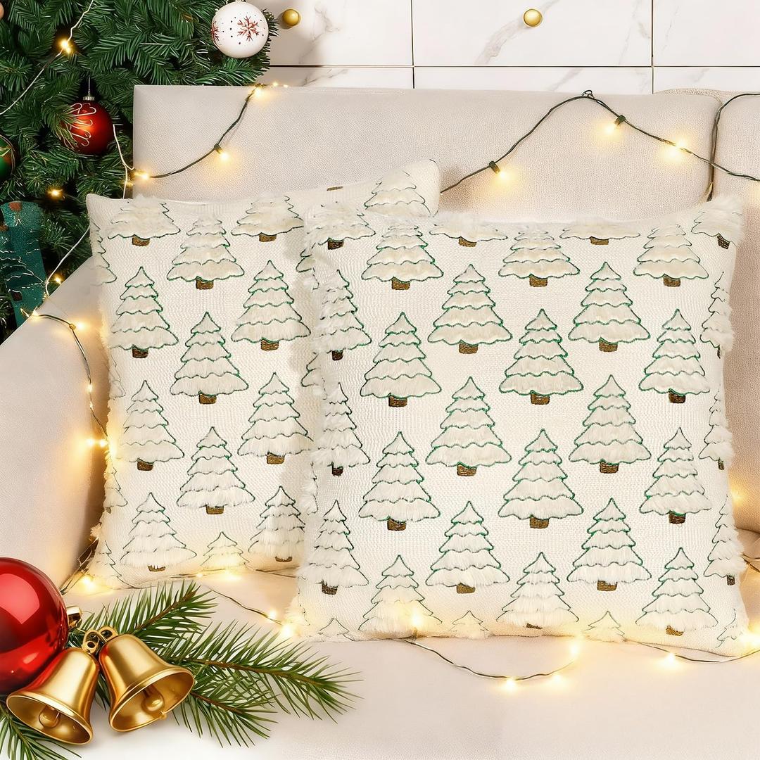 HUGOMOVA Christmas Pillow Covers 18x18 inch Set of 2 Christmas Decorations Soft Plush Faux Fur Wool Beige Xmas Tree Throw Pillow Cases Winter Holiday Decor for Sofa Living Room