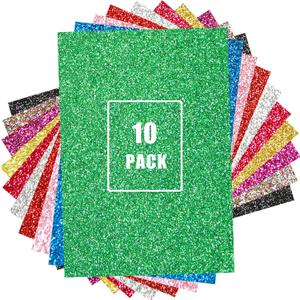 Glitter Iron on Vinyl for T Shirts, HTV Heat Transfer Vinyl Bundle Sparkly Sheets 10 Pack 12x10 INCH with Pink Gold Green Red and Purple Easy Weed, Sparkle Shimmer Iron-on Vinyl