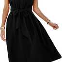 ECOWISH Womens Casual Midi Dresses Solid V Neck Short Sleeve Button Shirt Belted Dress with Pockets for Spring Summer 2025, Small