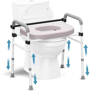 Toilet Seat Riser Adjustable Height Elevated Shower Commode Chair with Handles and Thick Soft Pad Heavy Duty 350lbs Bedside Commode Chair for Elderly Handicap Pregnant Easy to Assemble (Grey-white)