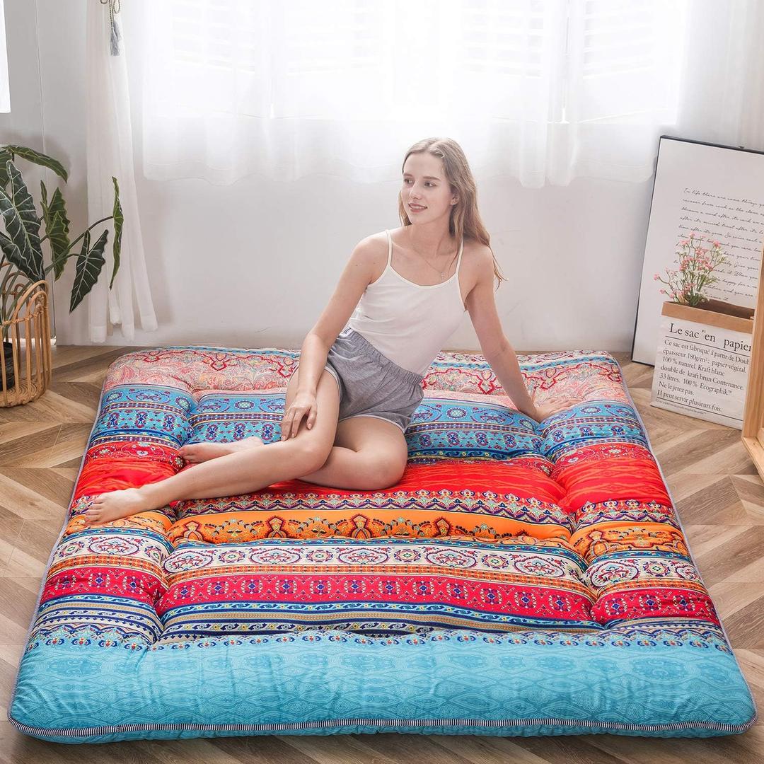 MAXYOYO Bohemian Retro Mattress Vintage Floral Japanese Futon Roll Up Tatami Floor Mat Foldable Mattress Portable Camping Mattress Sleeping Pad Floor Lounger Couch Full Size
