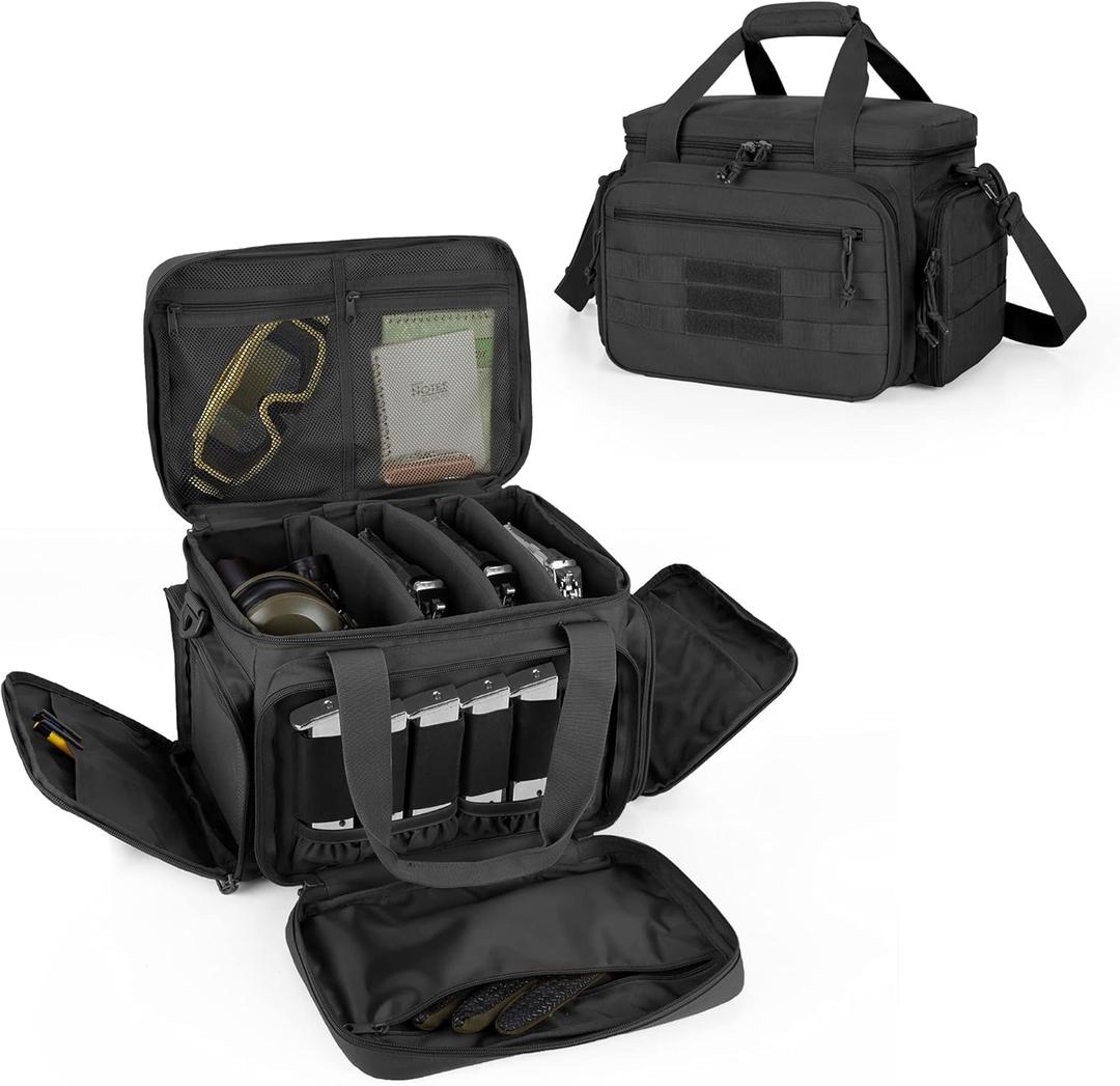 DSLEAF Tactical Gun Range Bag for 4 Handguns, Pistol Shooting Range Bag with 6X Magazine Slots and Extra Pockets for Ammo and Essentials (Black)