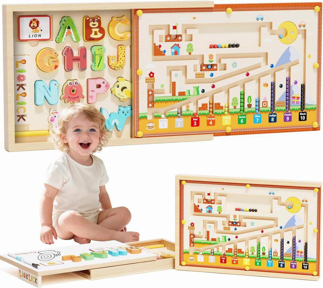 LIOKLICK 4-in-1 Magnetic Color and Number Maze, ABC Animal Alphabet Puzzles with Drawing Board, Wooden Montessori Toy Storage Box for 3-5 Year Old, Toddler...