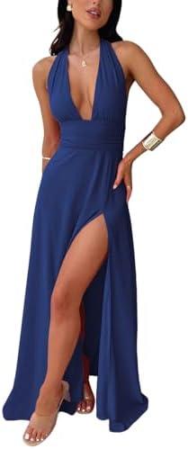 Ekaliy Womens Sexy Halter Deep V Neck Maxi Dress Sleeveless Backless Split Long Dress Size XS, Blue 