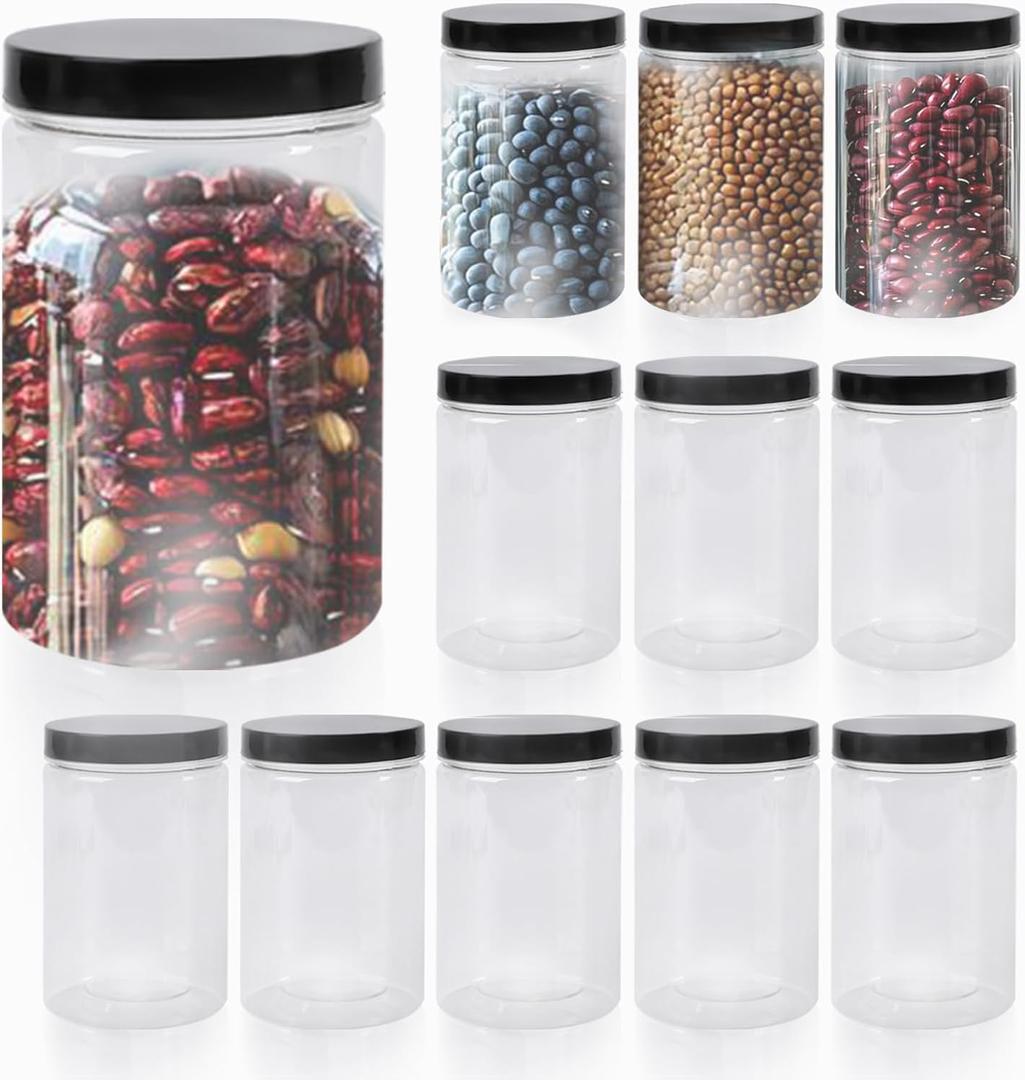 12 pcs 22 oz Plastic Jars with Lids, Wide Mouth Large Storage Containers, Clear Mason Jars Bulk for Home Food Candy Organizing Kitchen