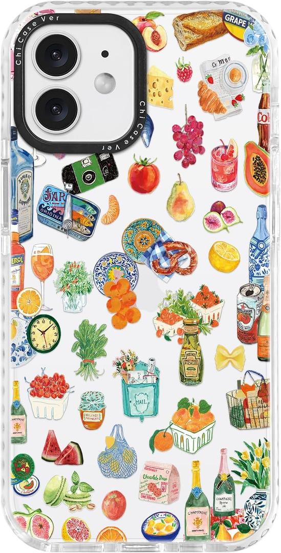for iPhone 12 Case, Gourmet Food Collage Pattern with Fruits & Croissants, Military-Grade Drop Protection, Juicy Foodie Soft Slim TPU Protective & Camera Protection for Women Girls (FancyCut)