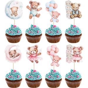 Gyufise 32Pcs Baby Shower Bear Cupcake Toppers Moon Baby Bear Baby Shower Cake Topper Decorations Jungle Animal Theme Birthday Party Cake Supplies Blue Pink