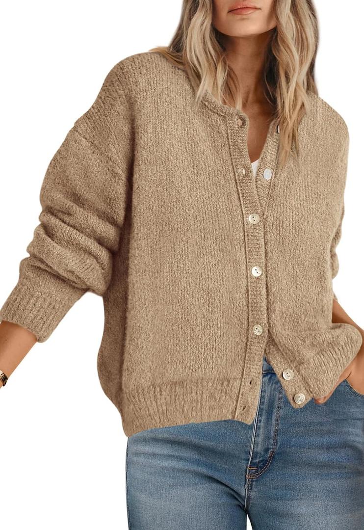 PRETTYGARDEN Long Sleeve Crewneck Button Down Womens Sweaters Fall Open Front Chunky Cardigan Sweaters for Women 2025 (Large, Khaki)