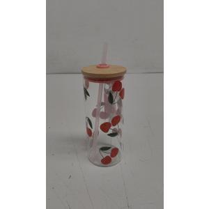 Glass Cup with Straw and Lids Cherry decoration