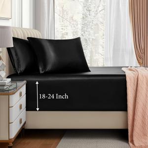 VACVELT 3pcs Extra Deep Pocket Satin Fitted Sheet Set Queen Bed Set, Black Bottom Sheet Fit 18-24 Inch Deep Pocket Mattress, Silky Bedding Set Soft & Ultra Deep Fitted Sheet & 2 Pillowcase, Black 