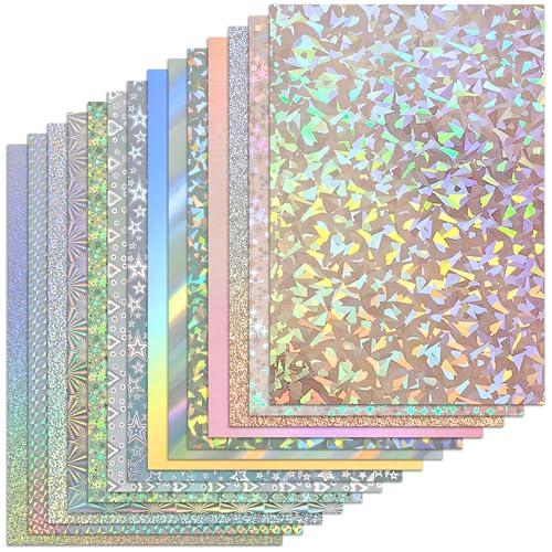 28 Sheets Holographic Cardstock, 8" x 12" Metallic Glitter Shiny Iridescent Mirror Paper 250gsm/92lb For Arts and Crafts, Decorative, Weddings & Birthdays Invitations, Scrapbook Supplies(14 styles)