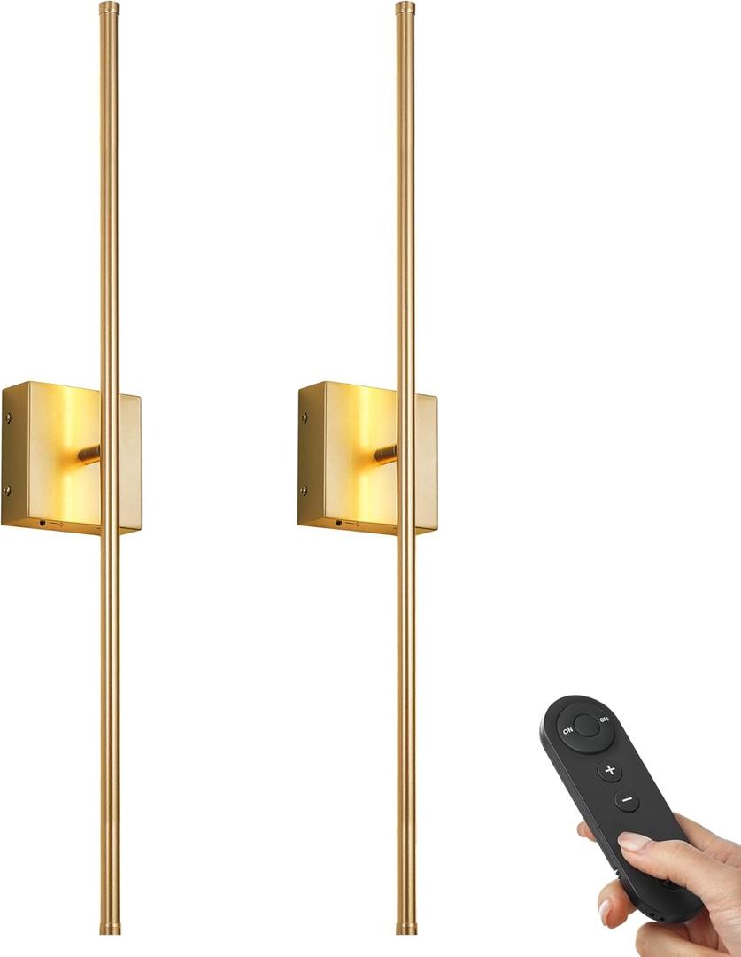 Battery Operated Wall Sconces with Remote Control, Dimmable Wall Sconces Set of Two, 350Rotate, 3000K LED Gold Wireless Wall Light for Living Room, Hallway, Bedroom, 40.1 Inch (2 Pack)