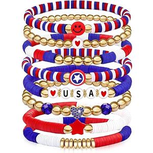 250 Anniversary USA Merchandise 4th of July Outfits for Women Men Teens Red White Blue Clay Beaded Stretch Bracelets USA Patriotic Jewelry 4th of July Accessories