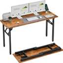 TEMI Long Computer Desk Folding Table - No Assembly, Compact 55" Foldable Desk with Power Outlets & USB Charging Port, Portable Lagre Office Desk, Ideal Large Study Table for Narrow Spaces, Brown, 55.1 Inch