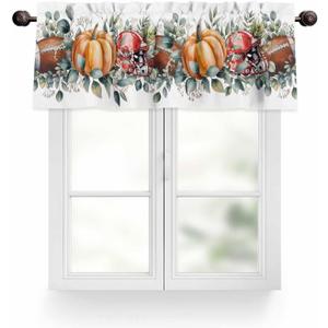 Fall Pumpkin Thanksgiving Valances for Windows Eucalyptus Leaves Rugby Helmet Valance Rod Pocket Window Treatments Curtains for Kitchen Living Room Bedroom Bathroom, 54"x18" (White Dark Brown Pumpkin Orange)