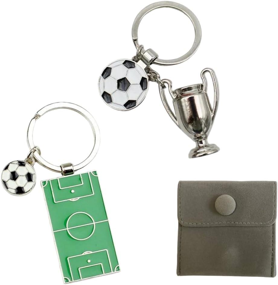 2 pieces green football Soccer field key chain + Soccer football match trophy key chain with gift bag as a birthday gift for football lovers, souvenirs