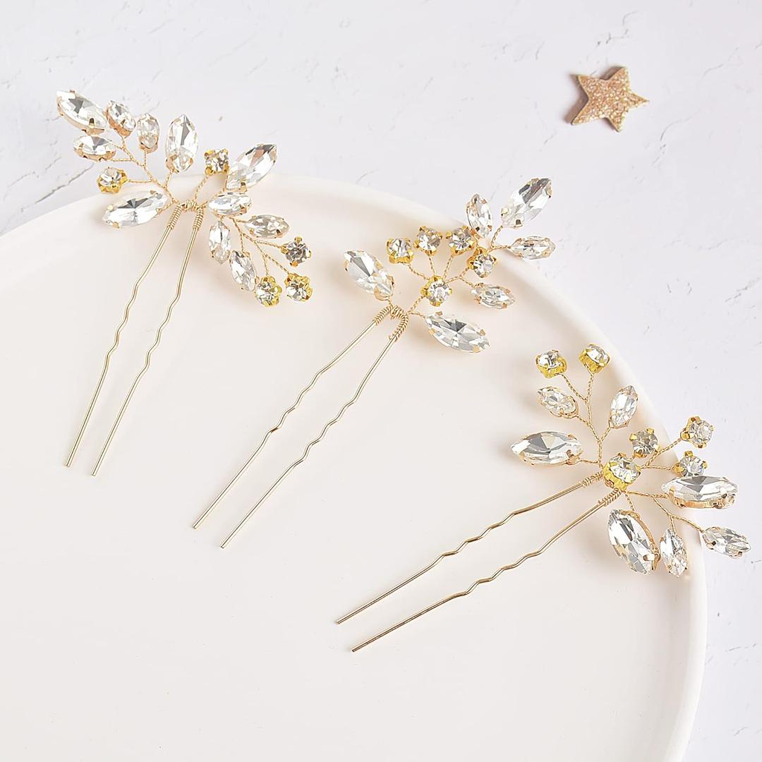 Bridal Hair Accessories, Beusoulover 3pcs Crystal Wedding Hair Pieces, Handmade Rhinestone Bridal Hair Pin for Women, Girls, Bridesmaids (Silver) (Style A Gold)