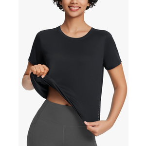 baleaf Women's Workout Tops Athletic Shirts Cropped Short Sleeve Split Back Running Gym Quick Dry Sun Protection UPF 50+, M