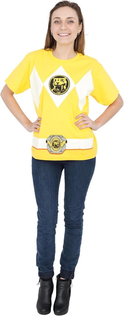 Mighty Morphin Power Rangers Red Blue Yellow Pink Green Black White Blue Costume T-Shirt (Large)