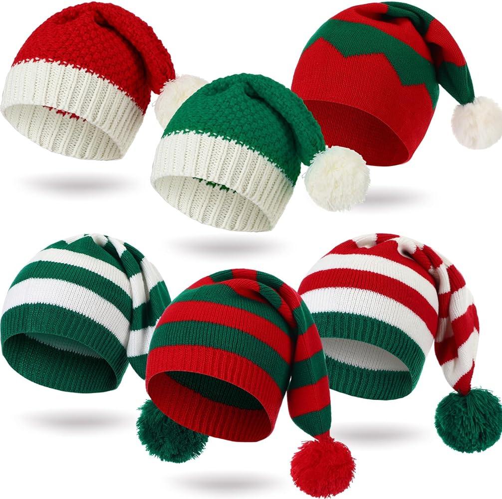 Funtery 4 Pcs Knitted Santa Elf Hat Christmas Adults Knit Beanie Hat Santa Cap Winter for Women Men