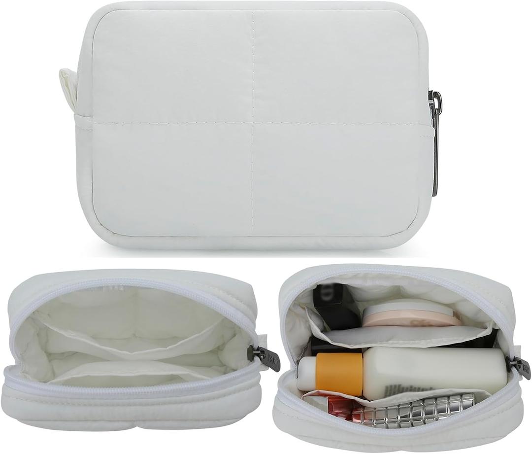 Small Makeup Bag for Purse, Quilted Travel Cosmetic Bag, Zipper Cosmetic Pouch Organizer Toiletry Bag, Make Up Bags for Women Girls, White
