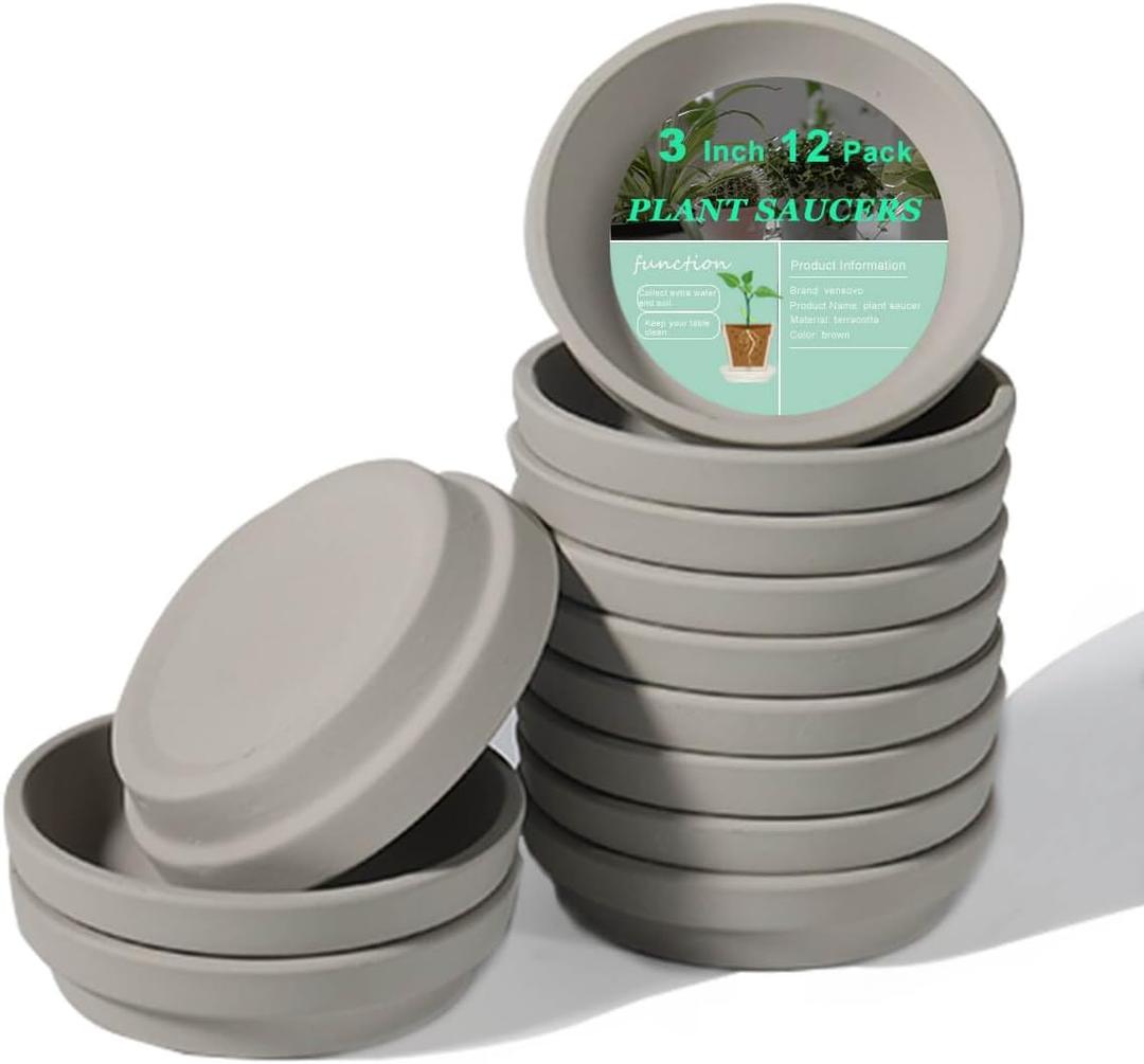 vensovo 3 Inch Grey Terracotta Plant Saucer Pots Tray - 12 pcs Mini Planter Saucers for Indoor & Outdoor Plants, Small Clay Trays Perfect for 2 Inch 2.5Inch Flower Pot (Gray)