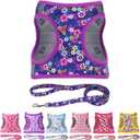 Moonpet Step in Dog Harness Leash Set- All Weather Reflective No-Pull Floral Pattern Padded Mesh Vest Harness for Cats Puppy Extra-Small Small Medium Large Dogs - Dark Flower - S (S:neck 15-18.1, chest 17.7-22.4)