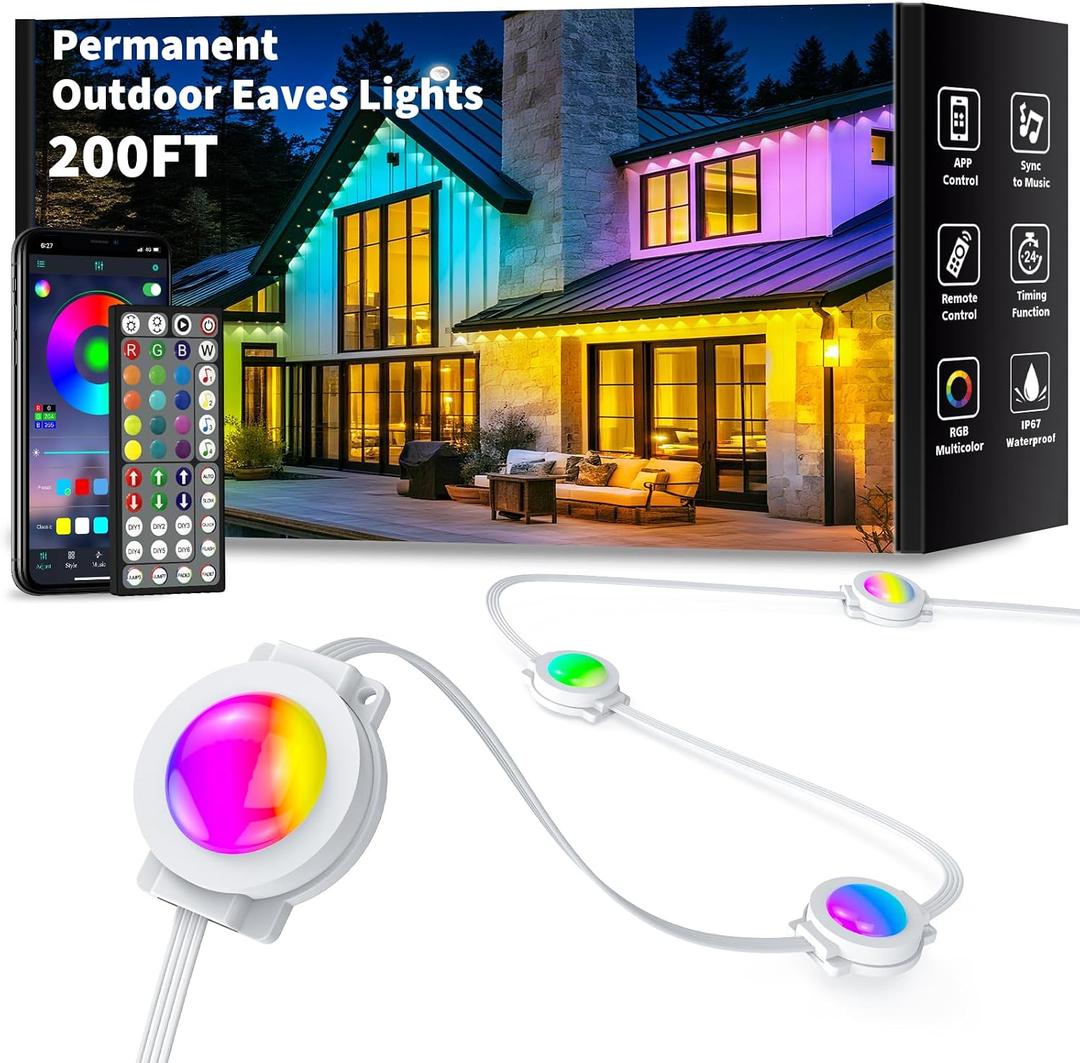 200FT Permanent Outdoor Lights Waterproof, Smart RGB Eaves Lights with App/Remote Control, DIY Scene Modes, LED Outdoor Lighting for Christmas Holidays Daily Party House Roof Lighting