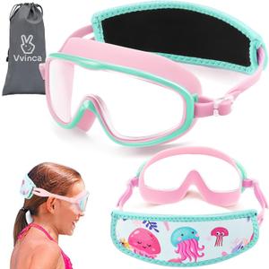 Vvinca Kids Swim Goggles with Fabric Strap No Tangle Pain-Free, Anti-Fog Swimming Pool Goggle No Leak for Toddlers Girls Boys (13-jellyfish Pink)