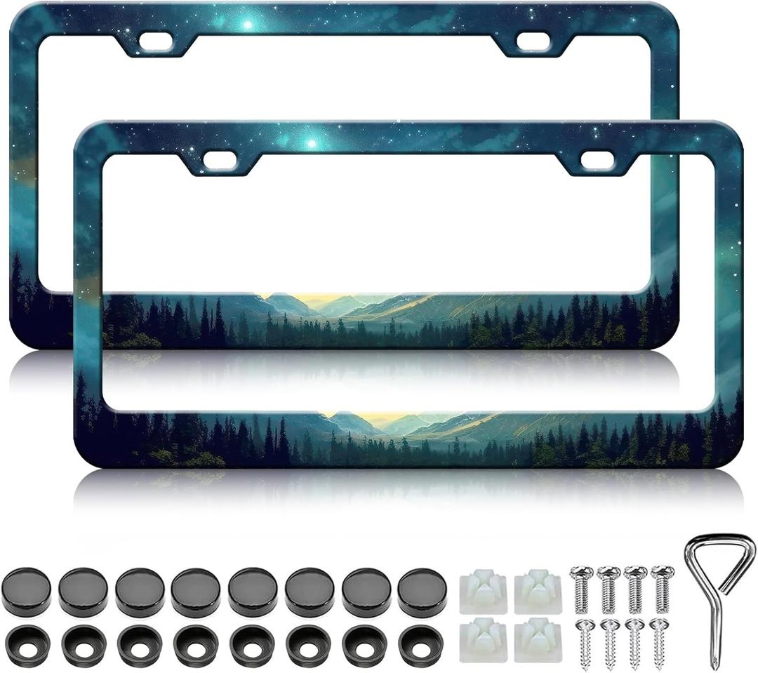 Starry Sky Forest Mountain License Plate Frames - 2 Pack Green Mountains Tree License Plate Frame Holder Covers, Aluminum Metal Rust-Proof Waterproof Car Tag Frame for Standard US Canada 12x6 Inch