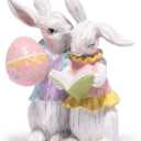 Hodao Easter Bunny Couple Figurine, Romantic Rabbits with Colorful Eggs & Book, Wood Carved Easter Decor, Spring Tabletop Decoration, Sweet Easter Gift for Couples, Family & Home