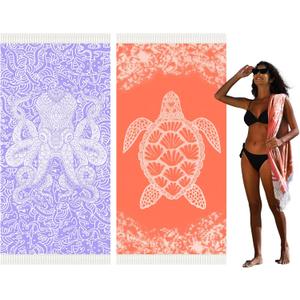 Thin Turkish Beach Towel Lightweight Quick Dry Absorbent Cotton Bathroom Bath Pool Swim Towels Extra Large Oversized Sand Free Beach Accessories Essentials Cloud Gifts for Adult (X-Large(79 x 36 inches,200 x 90 cm), 2 Pack Purple Octopus Orange Turtle)