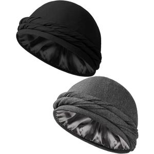 BEACE Silk Satin Lined Pre-Tied Turban Durag Head Wrap for Men & Women, Halo Turban Skull Cap Bonnet Hair Cover for Sleeping (0, Black/Dark Gray)