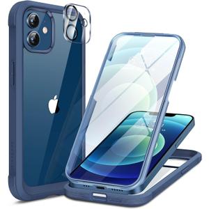 Miracase Glass Series for iPhone 12/12 Pro - Full-Body Rugged Protective Case with Built-in 9H Tempered Glass Screen Protector and Camera Lens Protector - Dark Blue