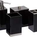 mDesign Plastic Bathroom Vanity Countertop Accessory Set - Includes,Soap Dispenser, Toothbrush Holder, Lidded Canister, and Tumbler Rinsing Cup; Lumiere Collection - Set of 4 - Black/Brushed Chrome