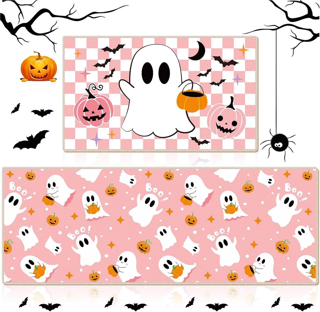 Duraaamo Set of 2 Halloween Ghost Kitchen Mats Pink Cute Halloween Bathroom Rug Non Slip Floor Mat for Kitchen Vintage Farmhouse Indoor Outdoor