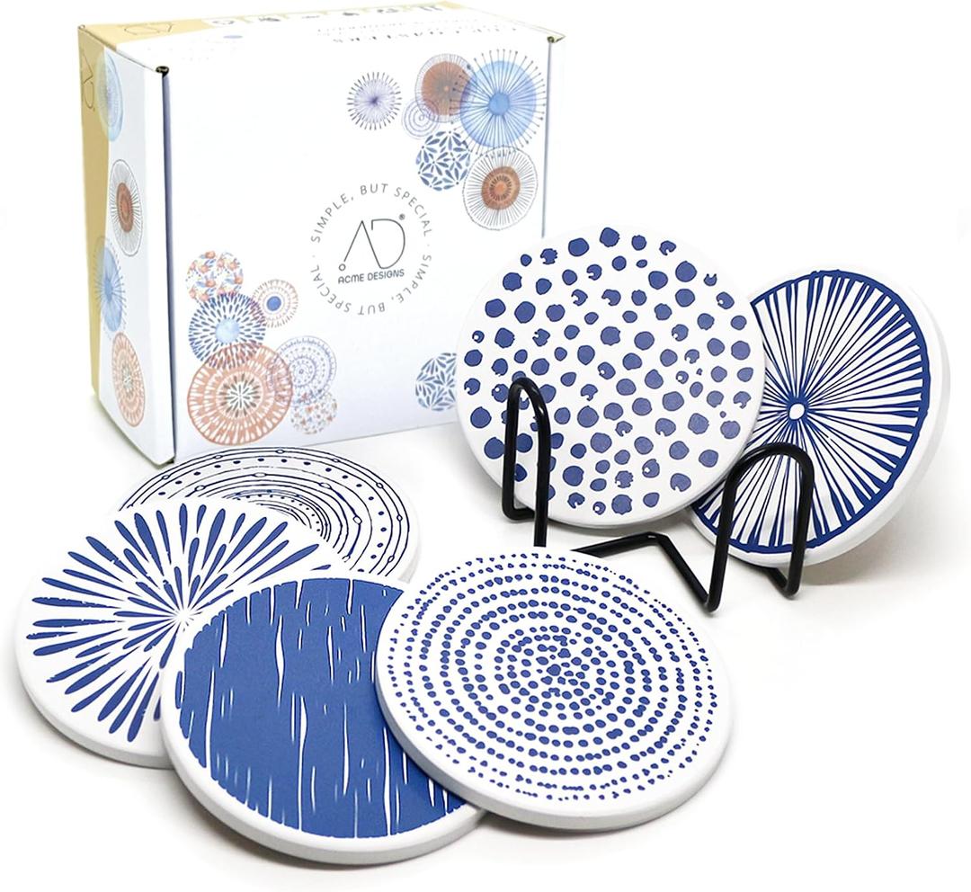 AD Set of 6 Coasters for Drinks Absorbing Round Ceramic Stone Coaster with Cork Base,Tabletop Protection Mat for Mugs and Cups,Office,Kitchen (Doris 2 with Holder)