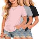 3 Pack Girls Short Sleeve Cute Shirts | Kids Tees, 5-14 Years, Plain, Loose Fit, Multipack, Soft, Crew Neck, Teen, School, Summer, Casual, Athletic, Kindergarten