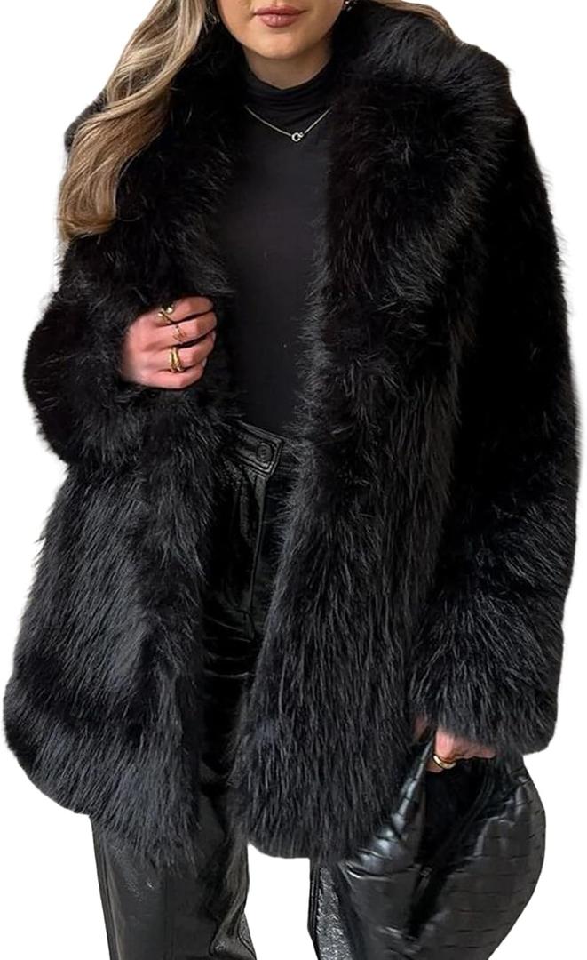 Wyeysyt Womens Faux Fur Coat Long Fluffy Shaggy Jacket Lapel Winter Furry Coats Fuzzy Outerwear (Medium, Black)