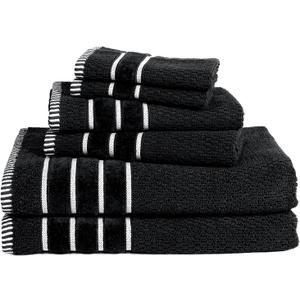 6-Piece Towel Set - Combed Cotton Rice Weave Bathroom Accessories with 2 Bath Towels, 2 Hand Towels, and 2 Washcloths by Bedford Home (Black)