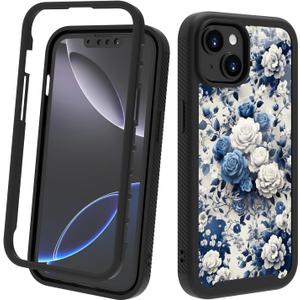 Compatible with iPhone 14 / iPhone 13 Case  Rugged Full-Body Protective Cover for Women Girls Dual Layer Shockproof Bumper, Heavy-Duty Phone Case - Chinoiserie Rose Florer Floral 046