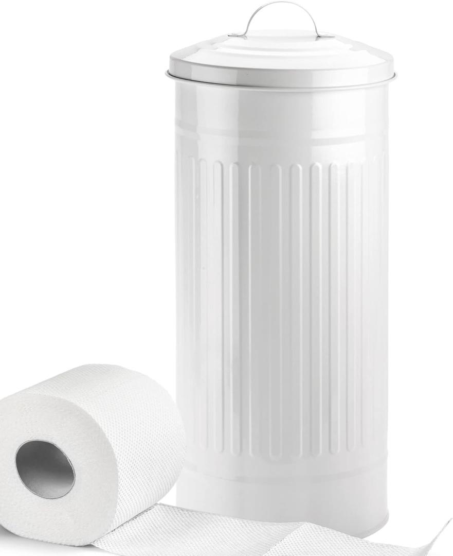 Autumn Alley White Toilet Paper Holder Canister with Lid Vertical Rustproof Free-Standing Farmhouse Metal Toilet Tissue Caddy for 3 Mega Rolls, Rustic Enclosed Toilet Storage Stand