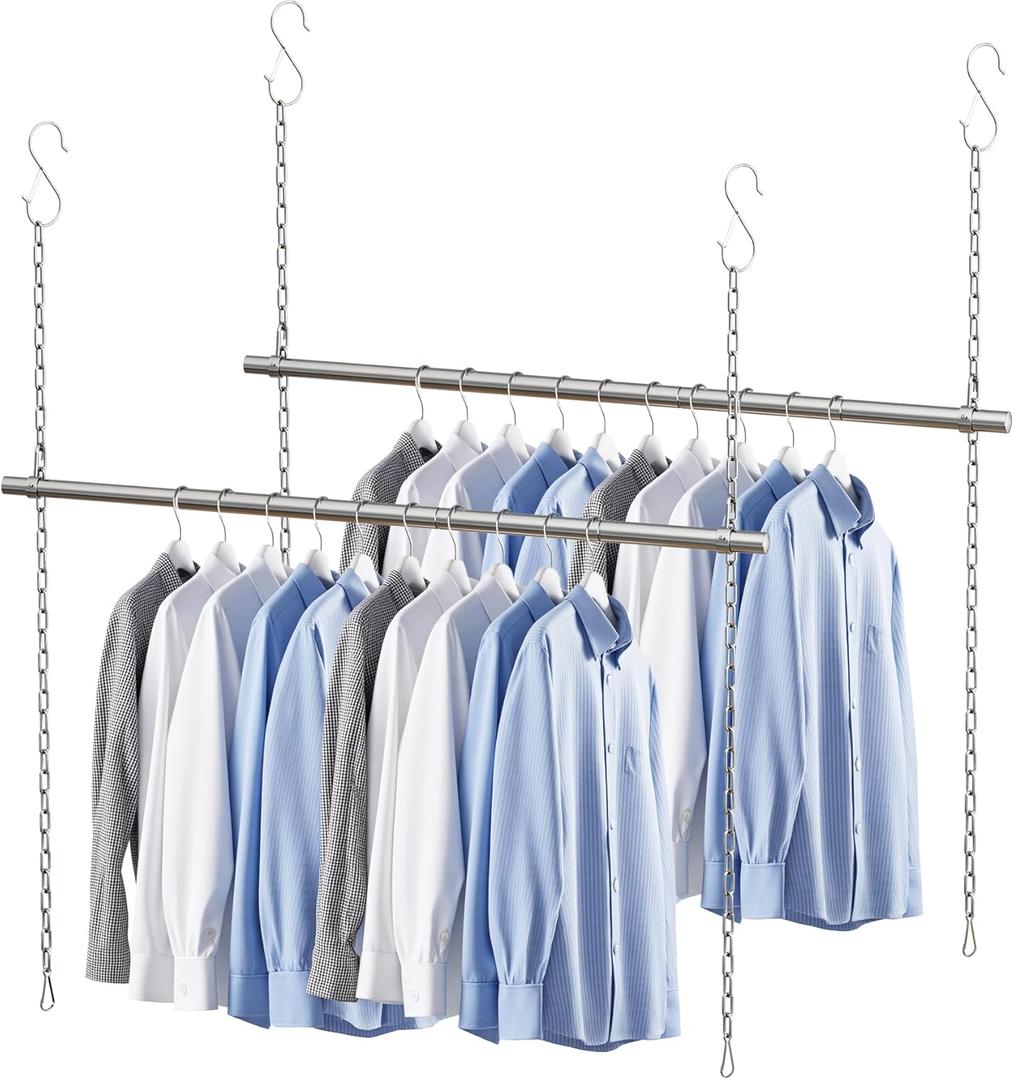 Closet Haing Rod, Adjustable Width and Height Closet Extender Hanging Rod, Space-Saving Clothes Hanging Bar, 42-52 Inches, 2 Pack