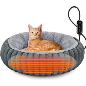 INVENHO Heated Cat Beds for Indoor Cats and Small Dogs, 20" Cozy Donut Heated Pet Bed with Timer & Temp Adjustable, Removable Waterproof Electric Warming Bed for Indoor Cat (Grey)