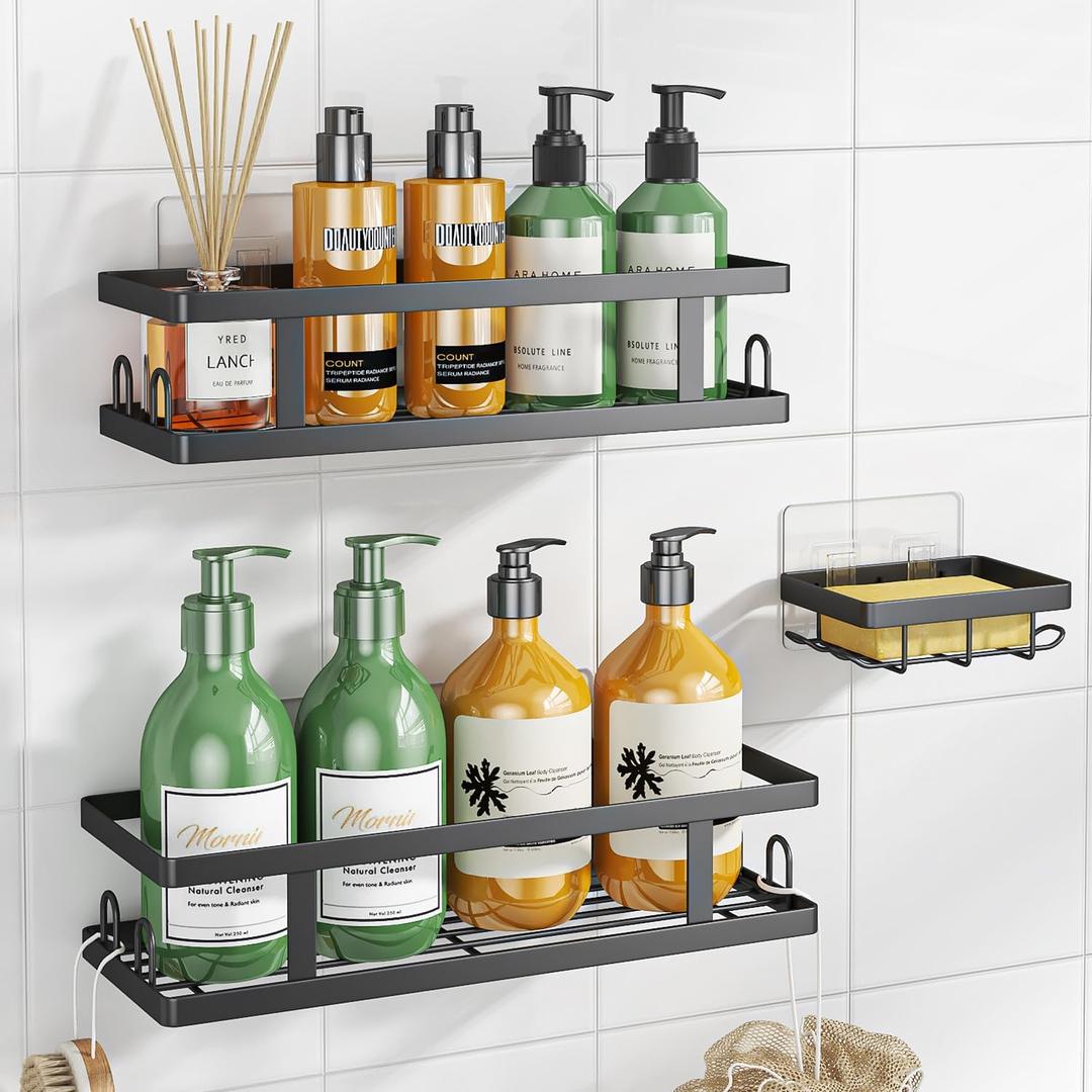 Youvip Adhesive Shower Caddy,Shower Shelves with Soap Holder and 12 Hooks,Rustproof No Drilling Bathroom Organizer and Storage,Black,3 Pack