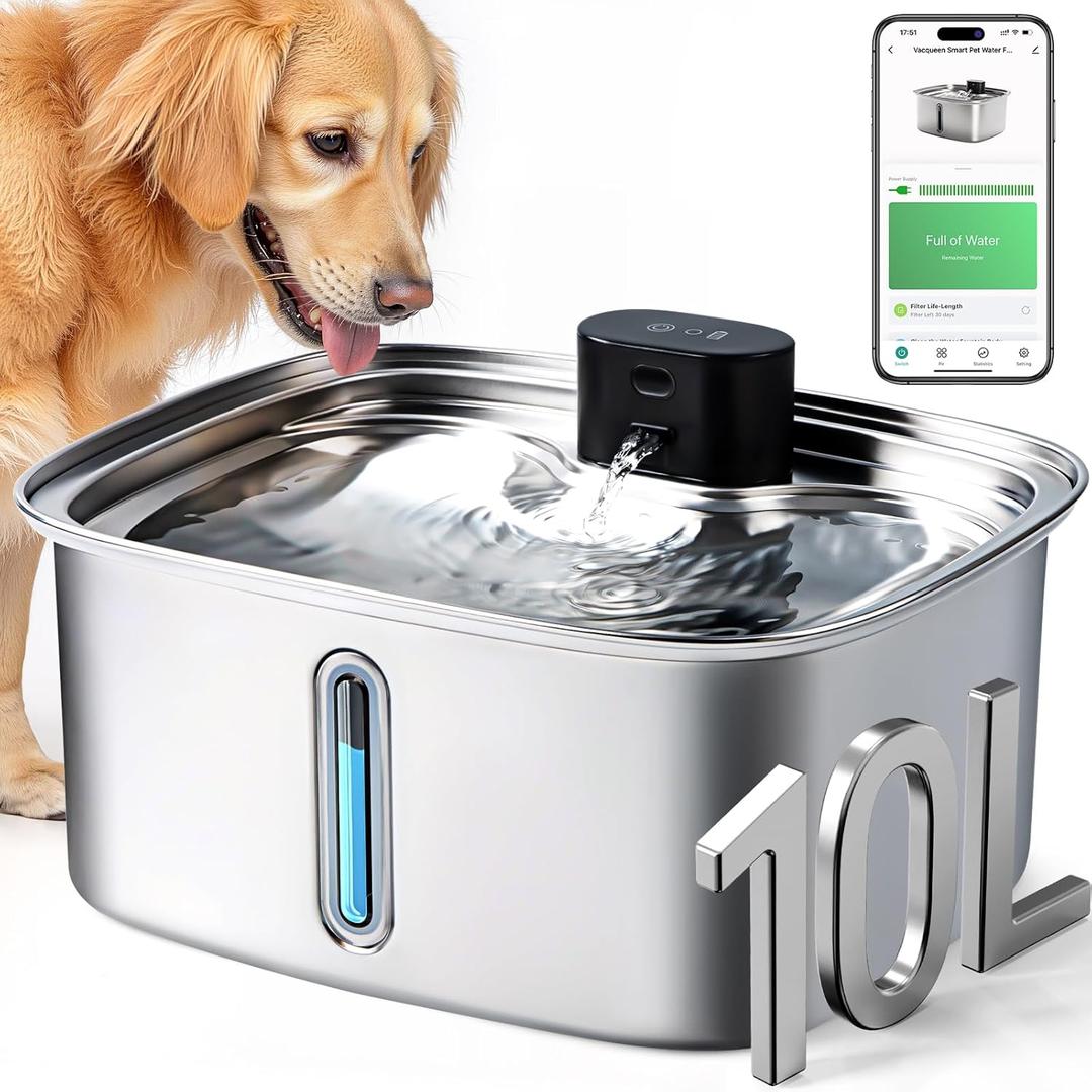 Dog Water Bowl Dispenser Large,10L Dog Water Fountains with APP Monitoring, Pet Cat Water Fountain Stainless Steel, Safe Multi-Filtered Automatic Water Dispenser for Dogs 2.4G Wi-Fi 2.64Gal/338 Oz (Silver)