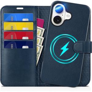 TUCCH Case for iPhone 16, Detachable Wallet with [Wireless Charging] RFID Blocking 4 Card Holder, Removable Stand PU Leather Flip Shockproof Phone Cover Compatible with iPhone 16 6.1", Dark Blue
