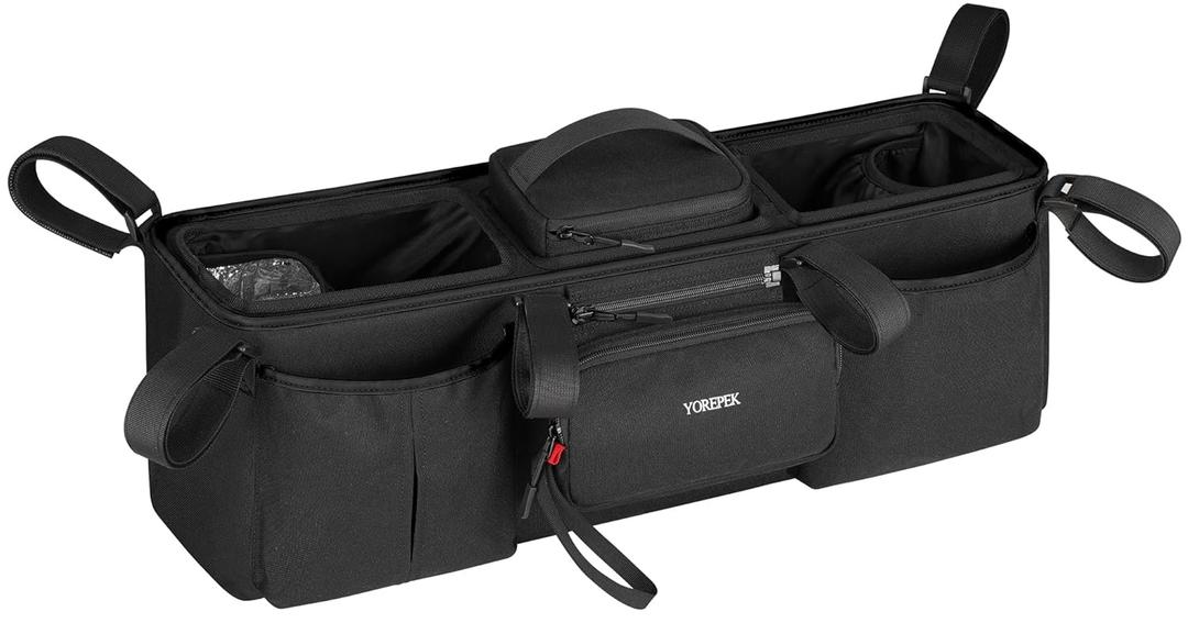 YOREPEK Padded Double Stroller Organizer with Removable Cooler Bag,Fits for Bob Duallie,Baby Jogger City Mini GT2 and Jeep, Large Capacity Stroller Caddy Attachment, Double Baby Stroller Accessories