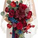 Ling's moment Navy Blue Burgandy Bridal Bouquet Cascading, Jewel Tone Wedding Bouquets for Bride, 15 Inch Bride Bouquets for Wedding Artificial Flowers Bouquets